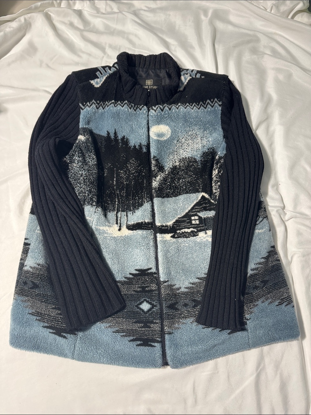 Vintage Alpine Studio Ski Lodge Sweater Jacket Cabin Scene Full Zip Nordic Large